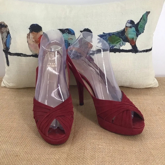 Stuart Weizmann Women’s Red Suede Leather Party Platform Sling Heels Size 7.5 - Picture 1 of 11